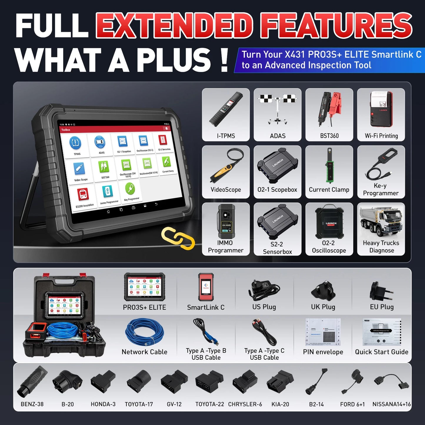 LAUNCH X431 PRO3S+ Elite SmartlinkC 2.0 Bidirectional Scan Tool with J2534 Portocol HD Trucks Scanner Topology Map 60+Service