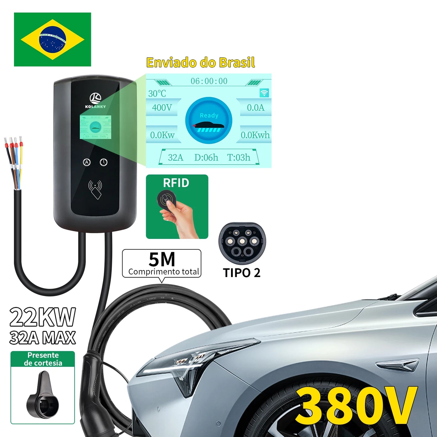 Chiefleed 220V/380V 22/11/7.2KW 32A 3/1P EV Charger Wallbox IEC 62196 Type 2 Plug Charging For Electric Vehicle Cable 5M