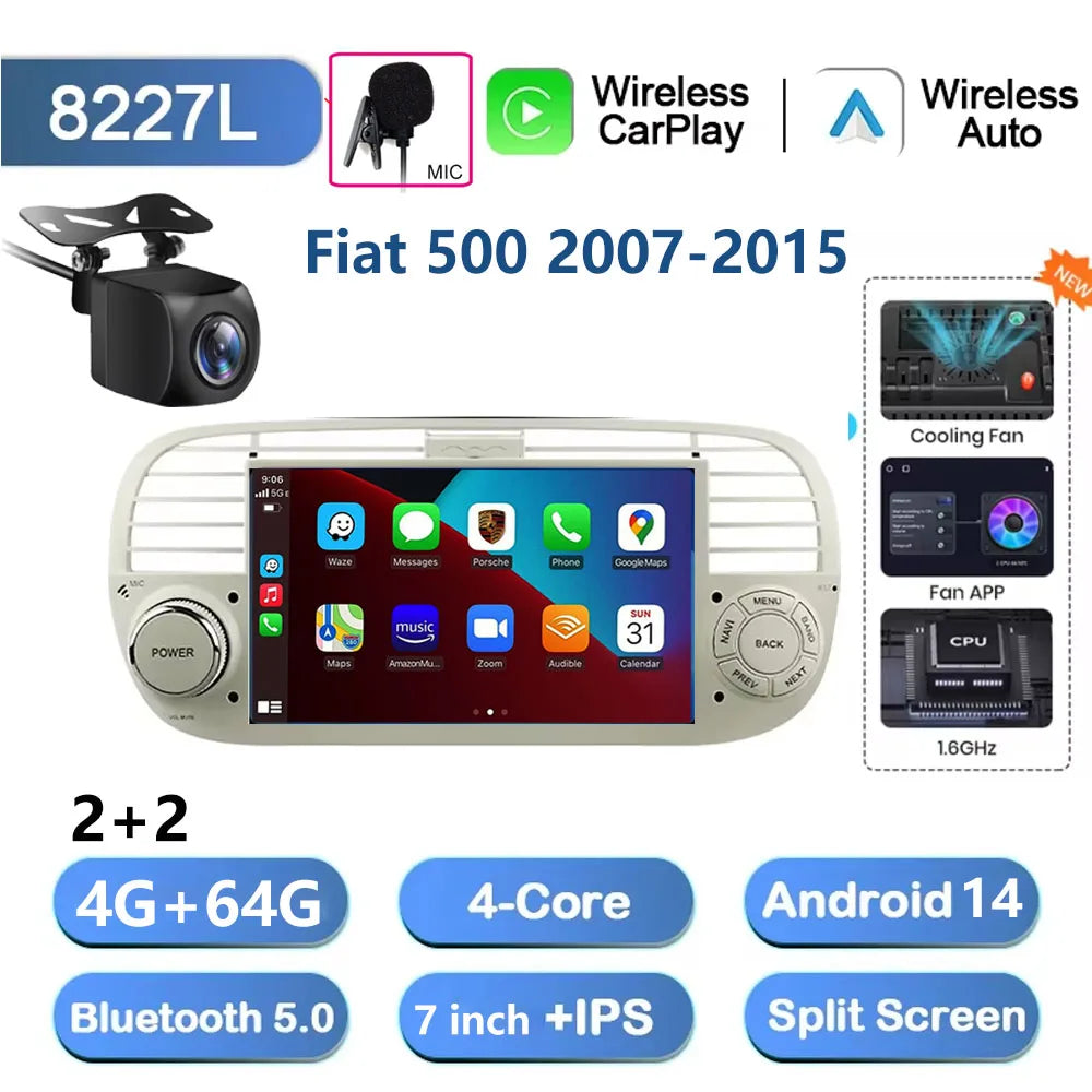 7'' Android 13 Car Radio Stereo For Fiat 500 2007-2015 Multimedia Player Wireless Carplay& Auto BT GPS Navigation Head Unit