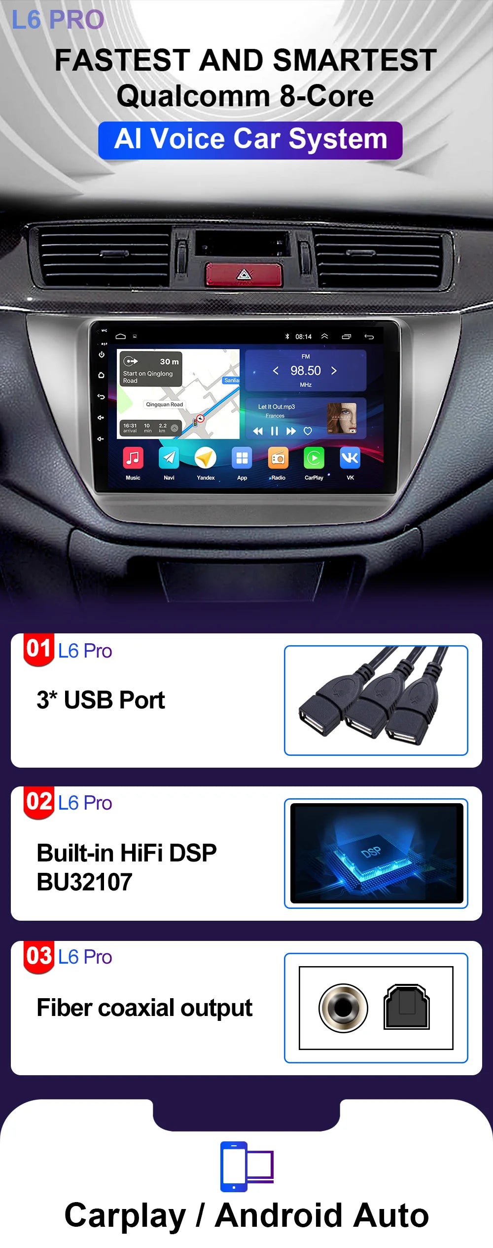 LEHX Pro 8 Core QLED DSP Car Radio Multimedia Player For Mitsubishi Lancer 9 CS 2000-2010 2Din Android 14 Carplay Stereo GPS