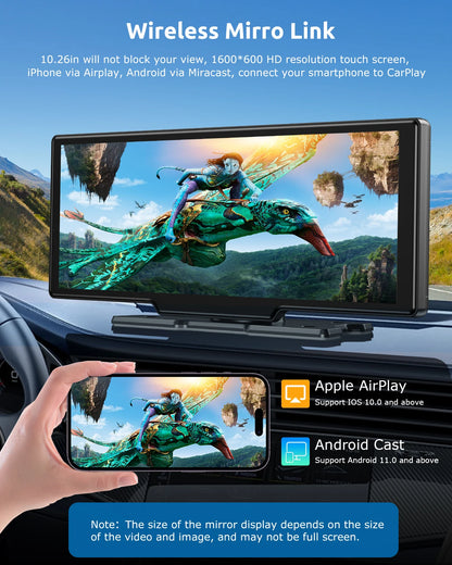 ESSGOO 10.26" Wireless CarPlay Android Auto Dash Cam ADAS 4K DVR Bluetooth Audio AUX GPS Navigation Dashboard Video Recorder