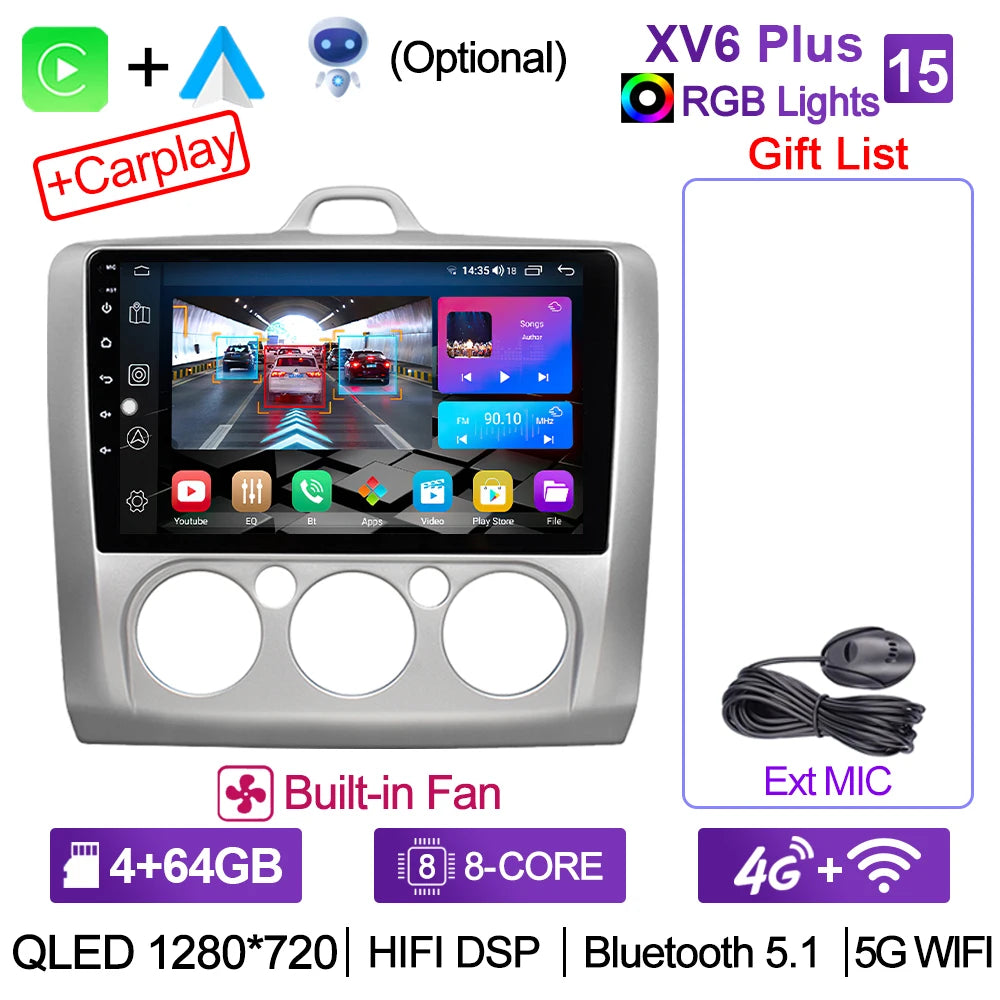 XIMA XV6Pro 2 Din Android 13 Auto Carplay Car Radio For ford focus EXI MT 2 3 Mk2 2004 -2011  Multimedia Player 2din Stereo GPS