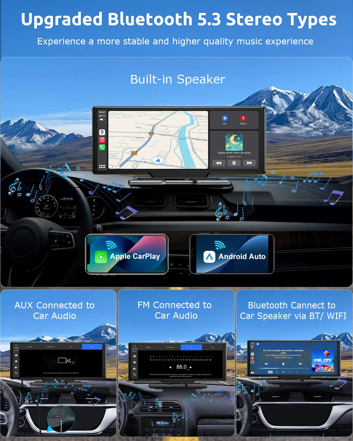 ESSGOO 10.26" Wireless CarPlay Android Auto Dash Cam ADAS 4K DVR Bluetooth Audio AUX GPS Navigation Dashboard Video Recorder