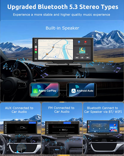 ESSGOO 10.26" Wireless CarPlay Android Auto Dash Cam ADAS 4K DVR Bluetooth Audio AUX GPS Navigation Dashboard Video Recorder