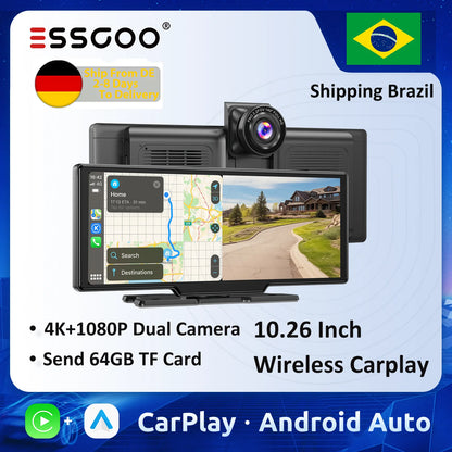 ESSGOO 10.26" Wireless CarPlay Android Auto Dash Cam ADAS 4K DVR Bluetooth Audio AUX GPS Navigation Dashboard Video Recorder