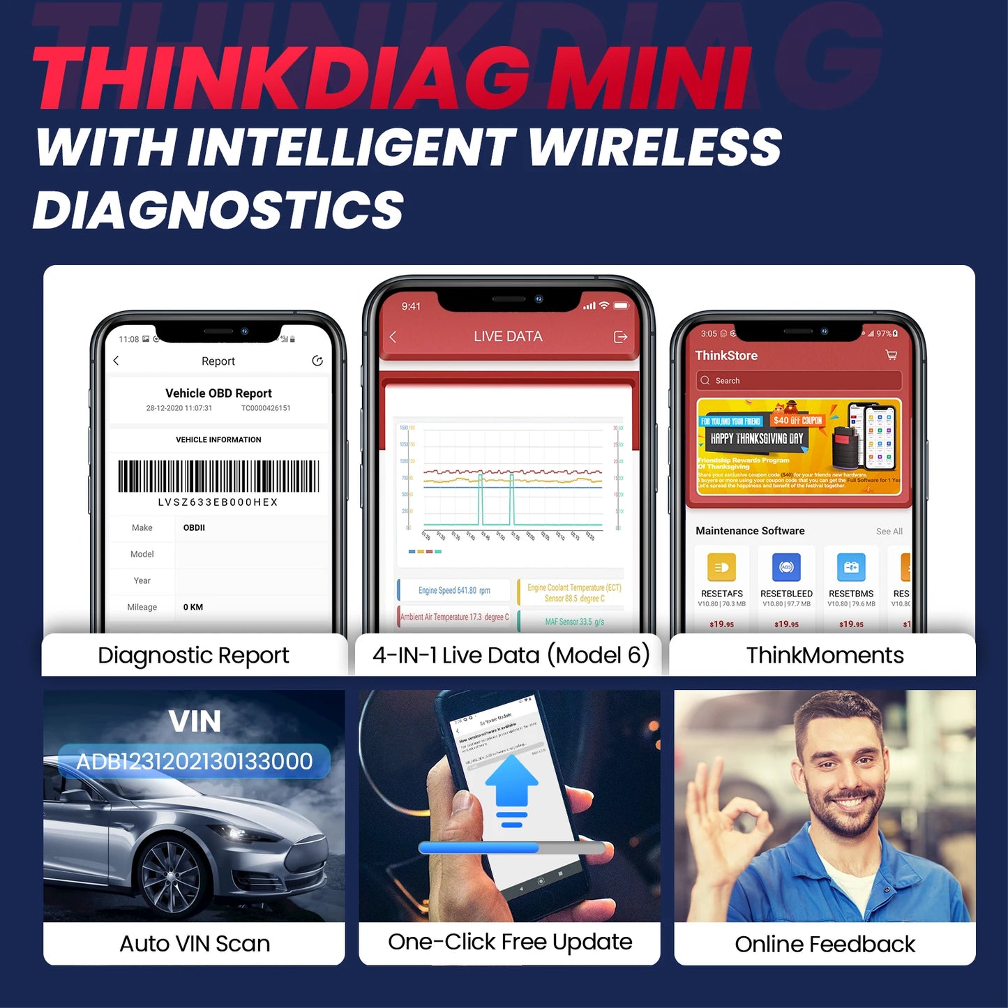 THINKCAR ThinkDiag Mini OBD2 Scanner Professional Automotive Diagnostic Tools Full System Diagnose Code Reader Lifetime Free