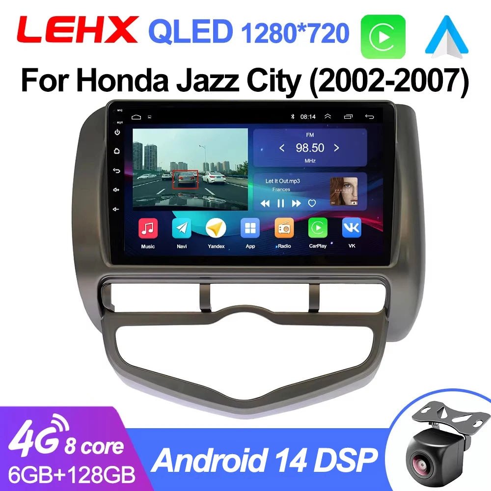 LEHX L6 Pro QLED 4G 2 Din Android 14 auto Car Radio Multimedia For Honda LHD JAZZ City 2002-2007 GPS Carplay  Stereo Head Unit