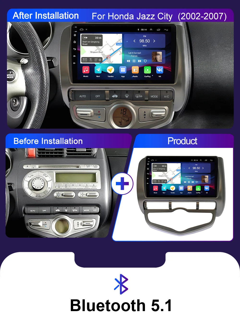 LEHX L6 Pro QLED 4G 2 Din Android 14 auto Car Radio Multimedia For Honda LHD JAZZ City 2002-2007 GPS Carplay  Stereo Head Unit