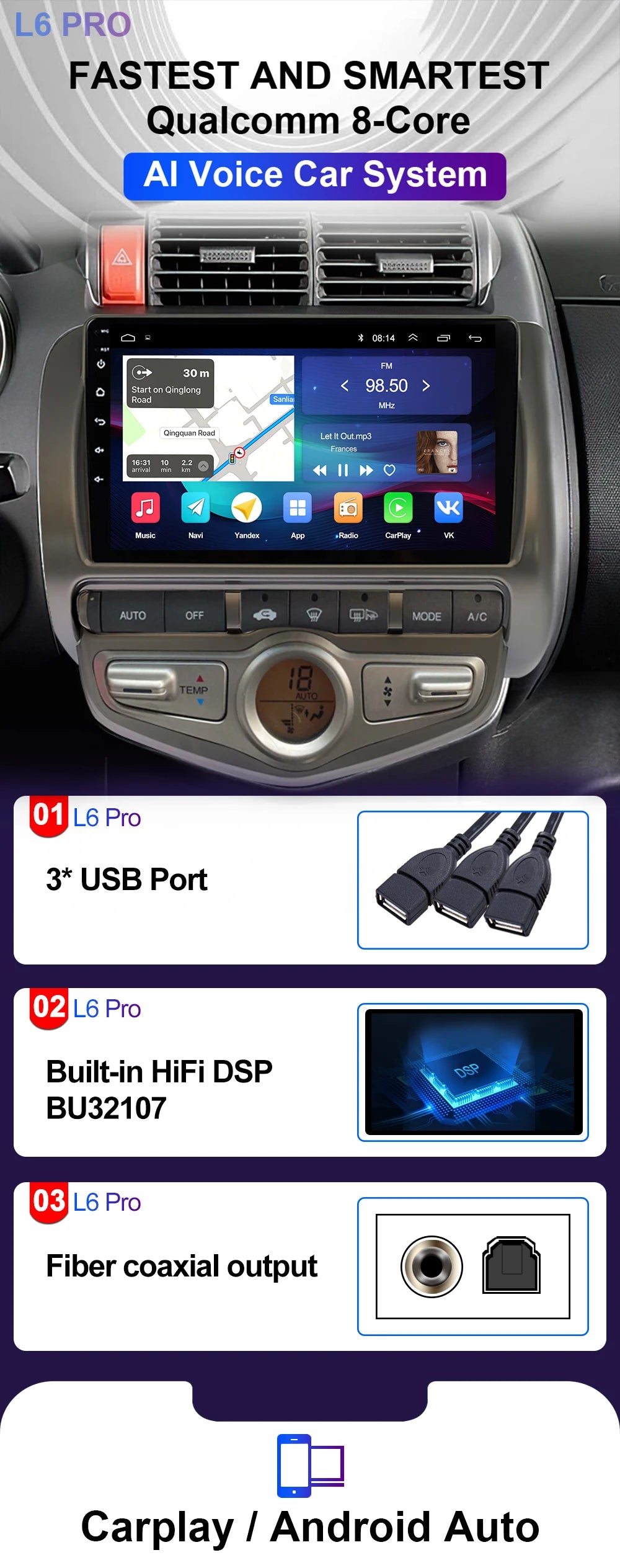 LEHX L6 Pro QLED 4G 2 Din Android 14 auto Car Radio Multimedia For Honda LHD JAZZ City 2002-2007 GPS Carplay  Stereo Head Unit