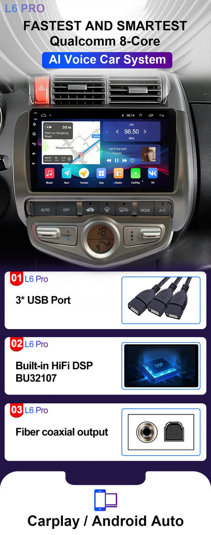 LEHX L6 Pro QLED 4G 2 Din Android 14 auto Car Radio Multimedia For Honda LHD JAZZ City 2002-2007 GPS Carplay  Stereo Head Unit