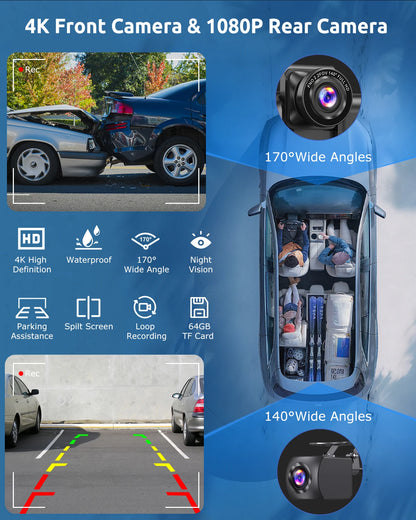 ESSGOO 10.26" Wireless CarPlay Android Auto Dash Cam ADAS 4K DVR Bluetooth Audio AUX GPS Navigation Dashboard Video Recorder