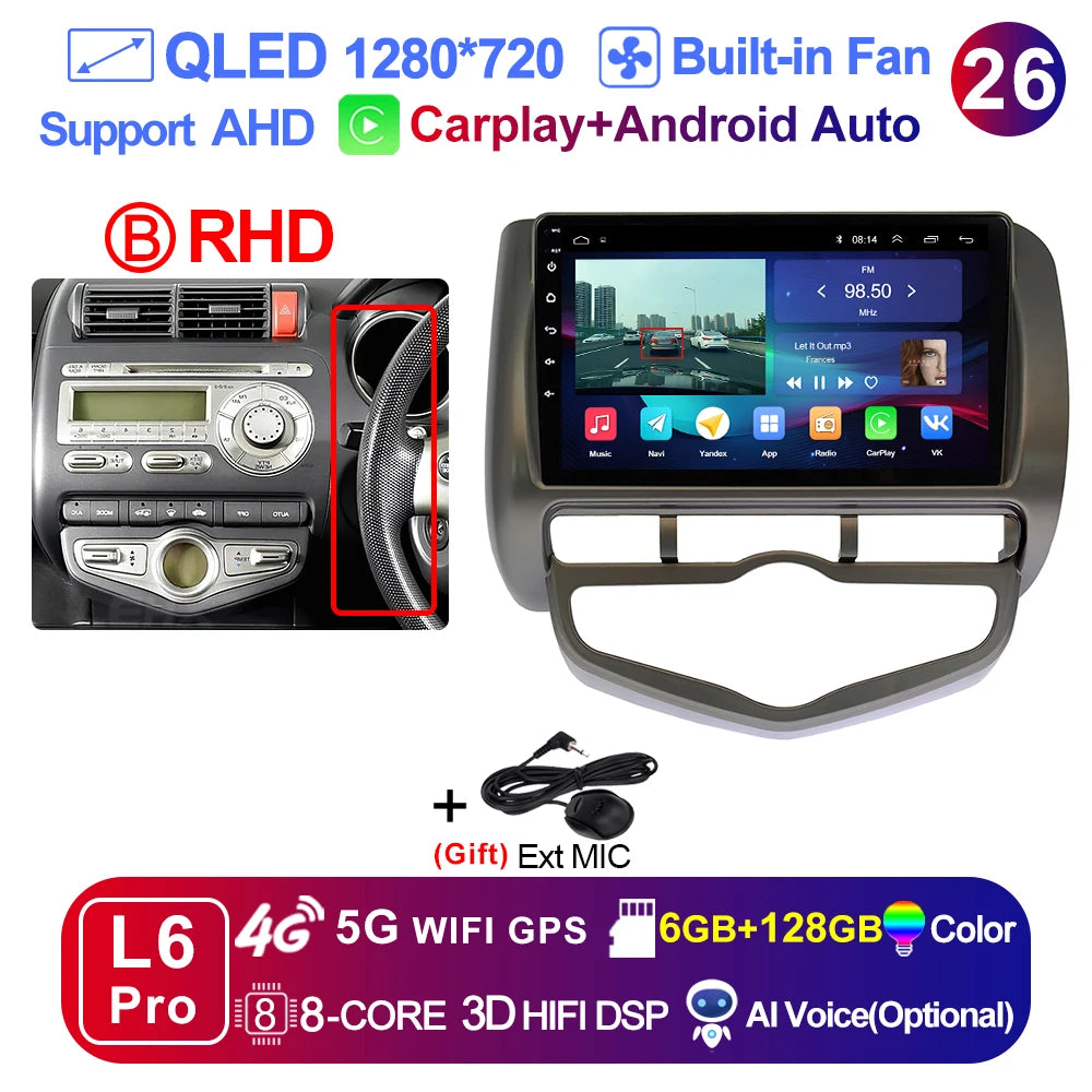 LEHX L6 Pro QLED 4G 2 Din Android 14 auto Car Radio Multimedia For Honda LHD JAZZ City 2002-2007 GPS Carplay  Stereo Head Unit