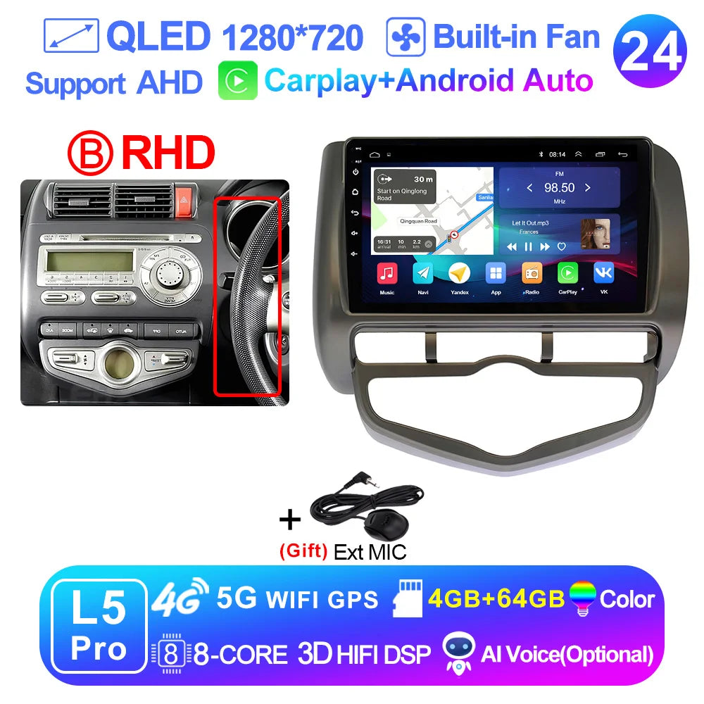LEHX L6 Pro QLED 4G 2 Din Android 14 auto Car Radio Multimedia For Honda LHD JAZZ City 2002-2007 GPS Carplay  Stereo Head Unit