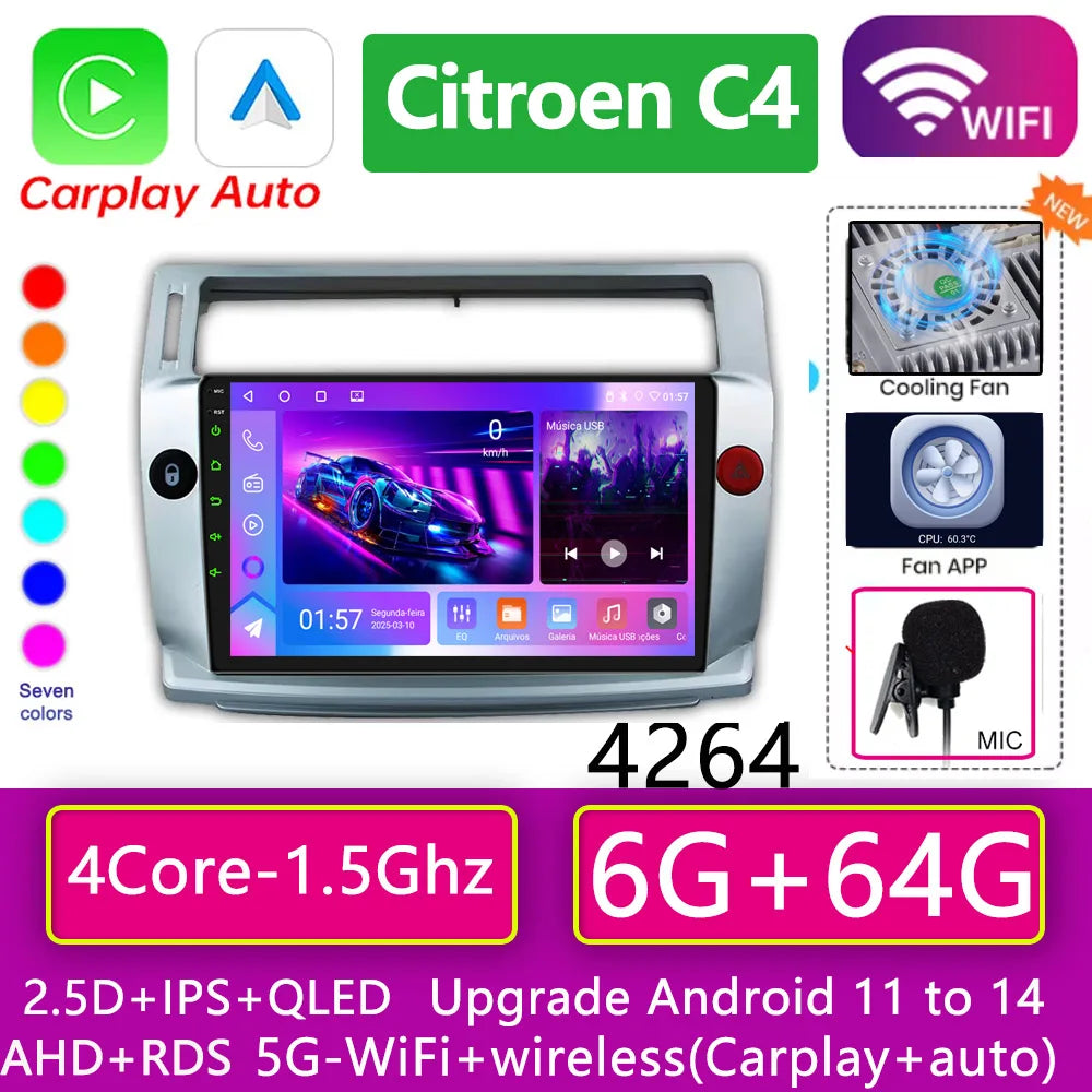 Central multimídia para Citroen C4 C-Triomphe C-Quatre 2004-2009 2 din Car Radio Video Player Android 2din CarPlay