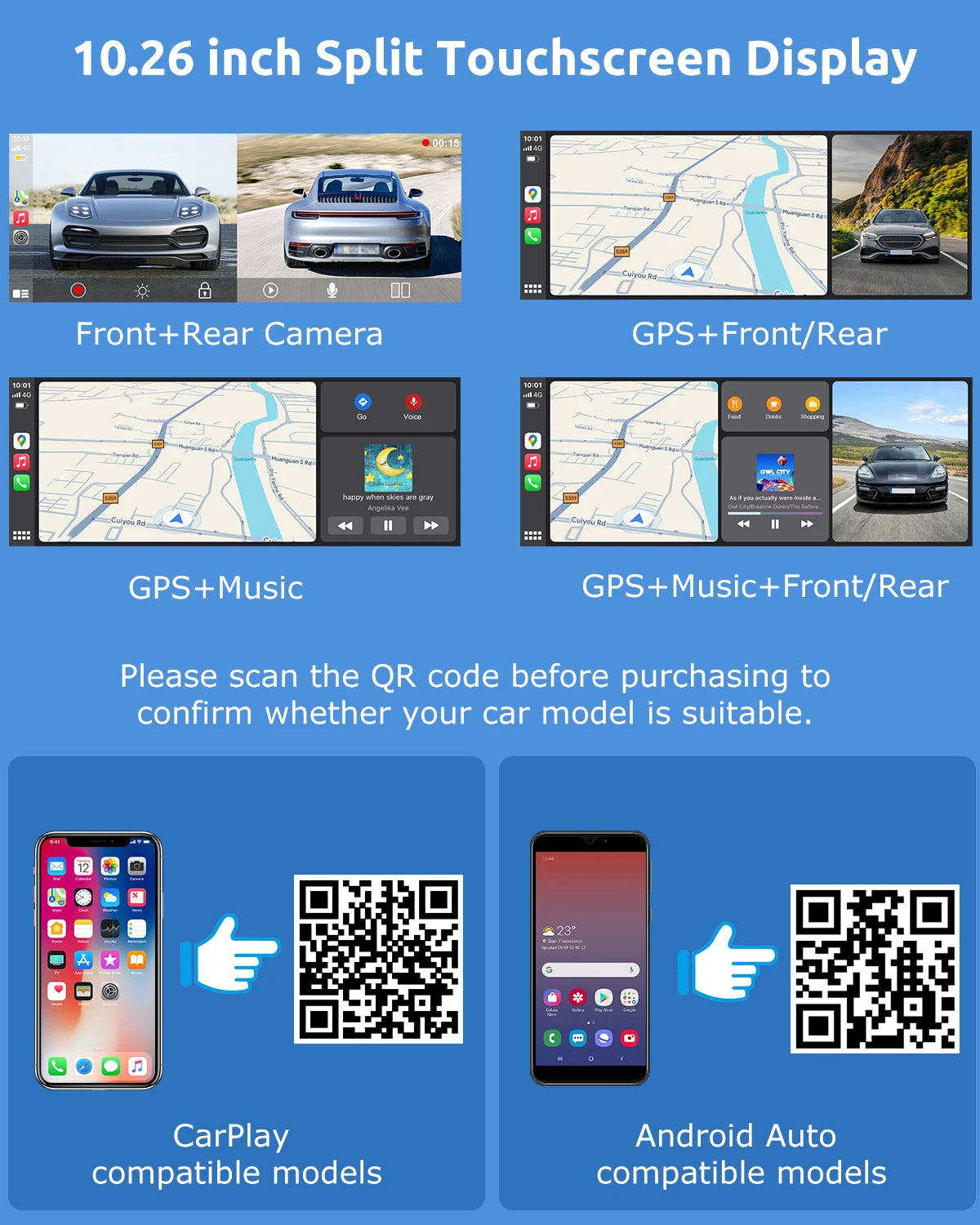 ESSGOO 10.26" Wireless CarPlay Android Auto Dash Cam ADAS 4K DVR Bluetooth Audio AUX GPS Navigation Dashboard Video Recorder