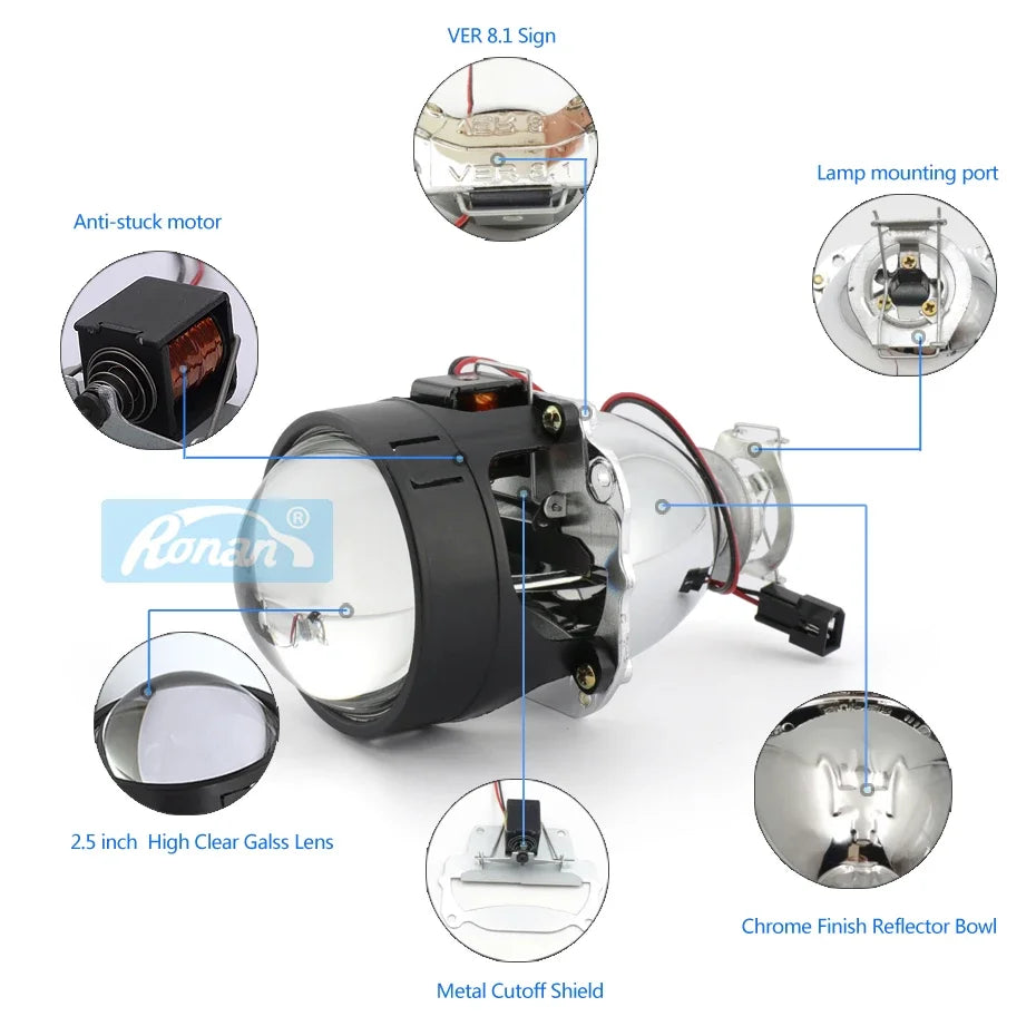 RONAN 2.5'' VER 8.1 Bi-Xenon Projector Lens H1 Car Headlight for X5 BM Sport LED Square Angel Eyes DRL White Retrofit H4 H7 Car
