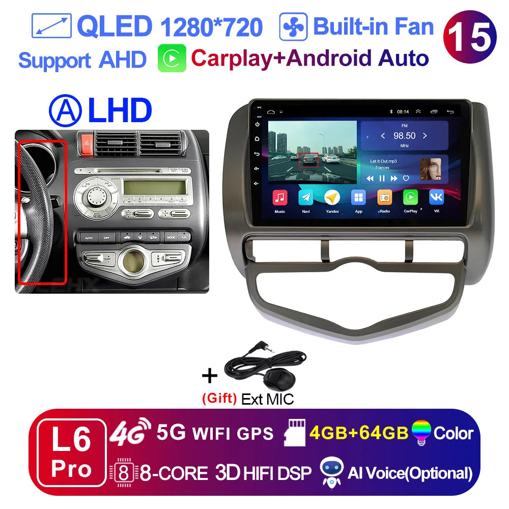 LEHX L6 Pro QLED 4G 2 Din Android 14 auto Car Radio Multimedia For Honda LHD JAZZ City 2002-2007 GPS Carplay  Stereo Head Unit