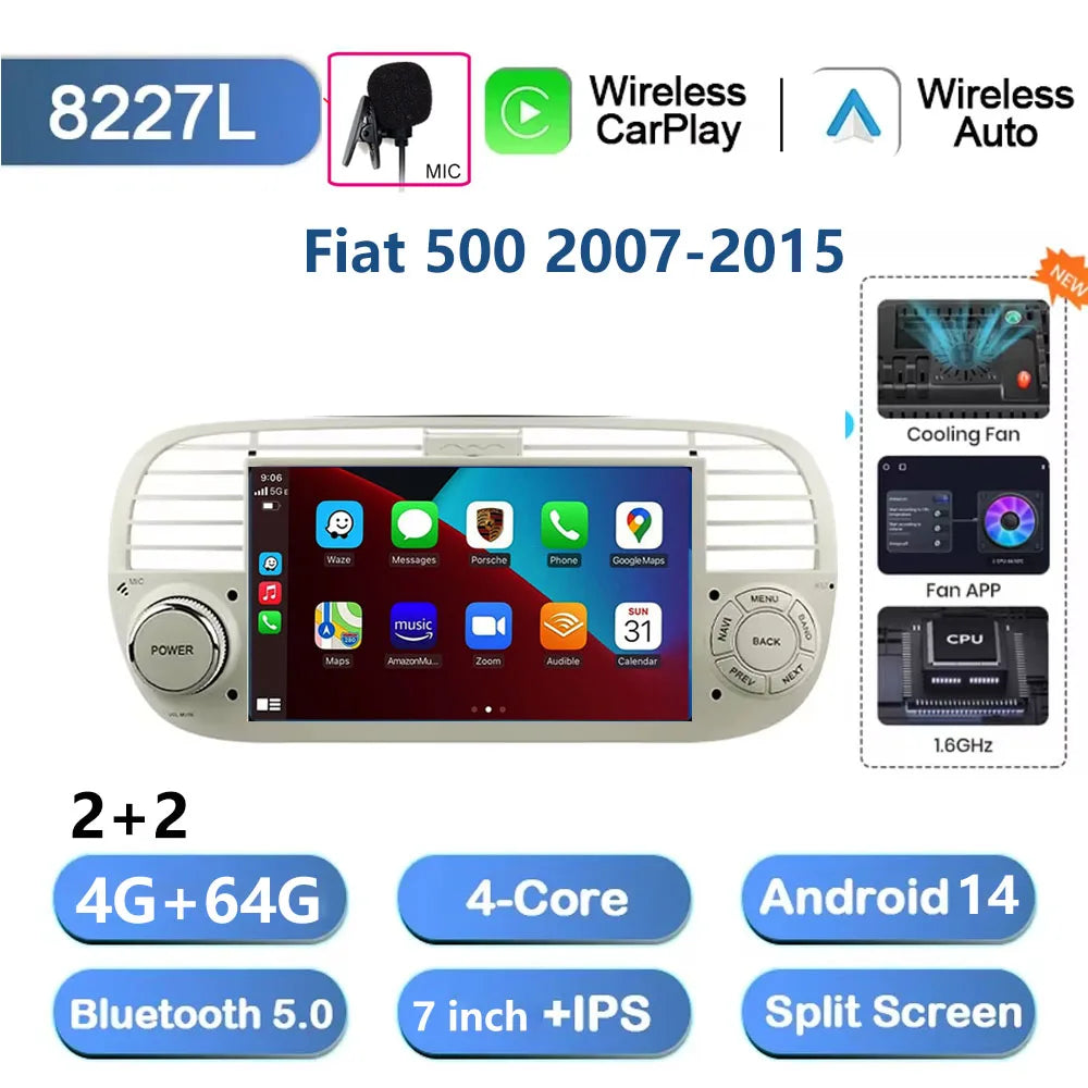 7'' Android 13 Car Radio Stereo For Fiat 500 2007-2015 Multimedia Player Wireless Carplay& Auto BT GPS Navigation Head Unit