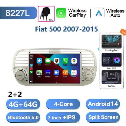 7'' Android 13 Car Radio Stereo For Fiat 500 2007-2015 Multimedia Player Wireless Carplay& Auto BT GPS Navigation Head Unit
