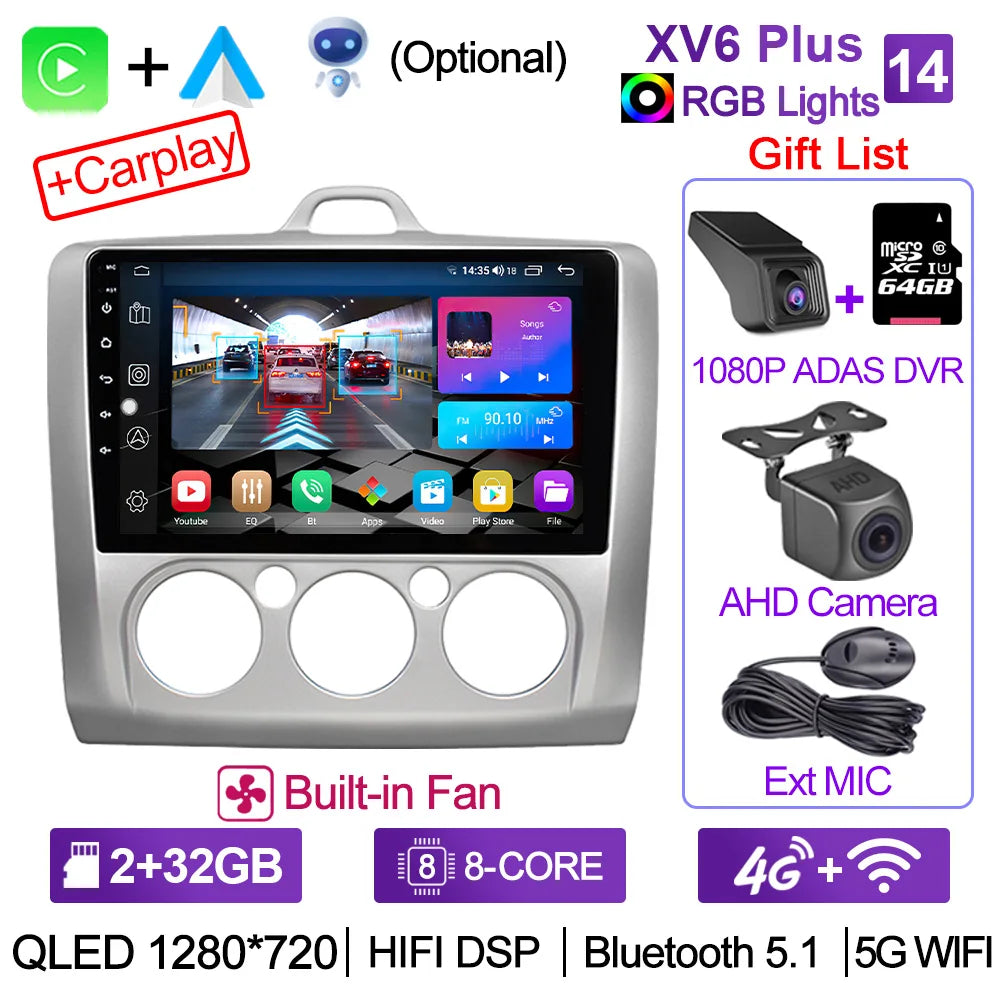 XIMA XV6Pro 2 Din Android 13 Auto Carplay Car Radio For ford focus EXI MT 2 3 Mk2 2004 -2011  Multimedia Player 2din Stereo GPS