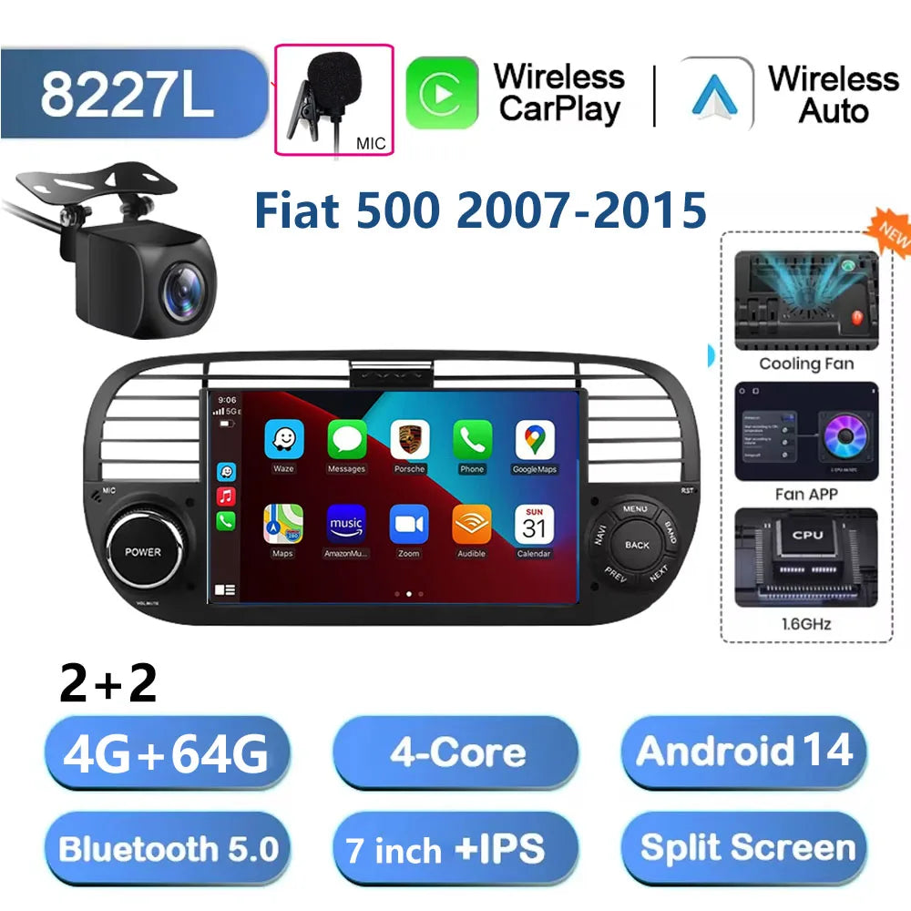 7'' Android 13 Car Radio Stereo For Fiat 500 2007-2015 Multimedia Player Wireless Carplay& Auto BT GPS Navigation Head Unit