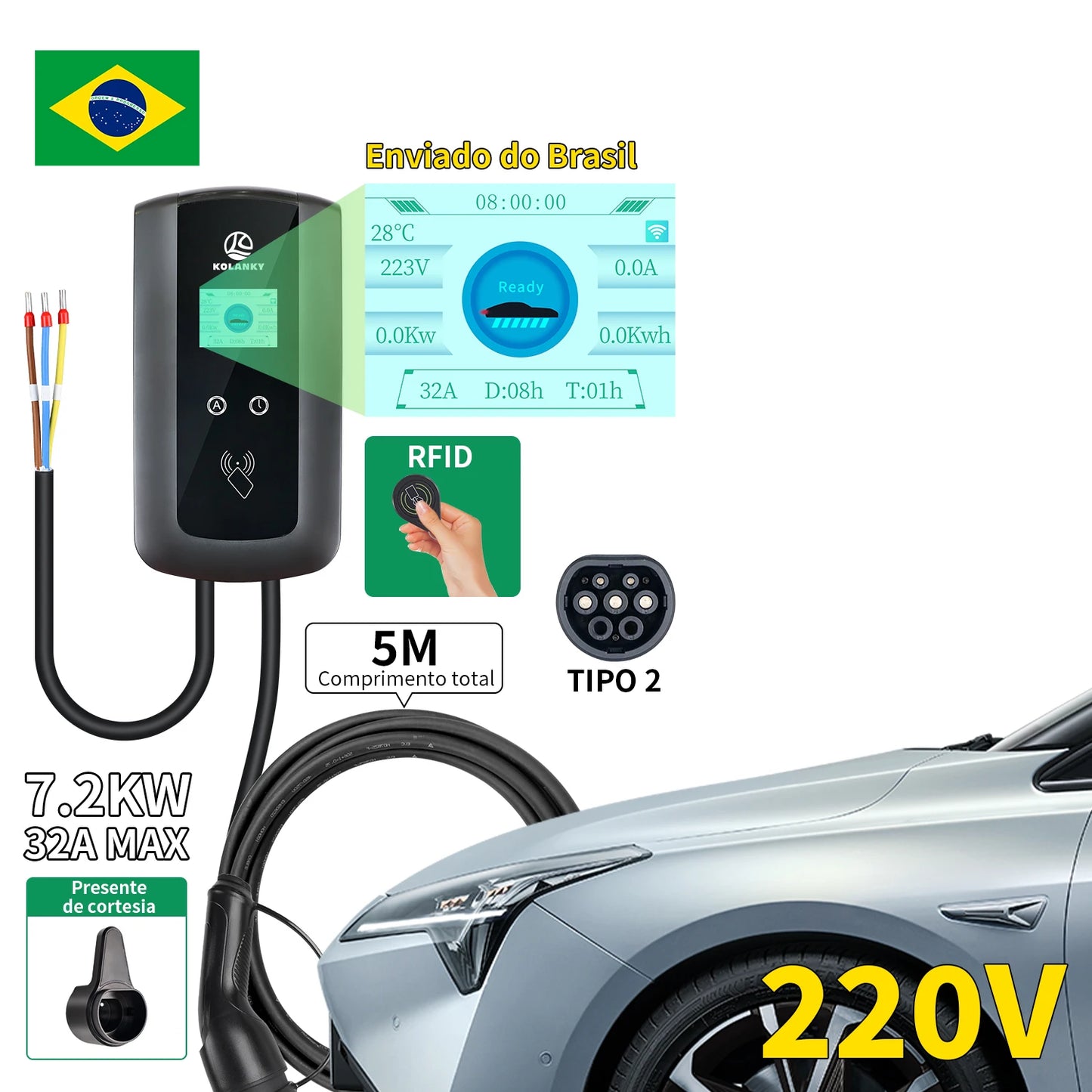 Chiefleed 220V/380V 22/11/7.2KW 32A 3/1P EV Charger Wallbox IEC 62196 Type 2 Plug Charging For Electric Vehicle Cable 5M