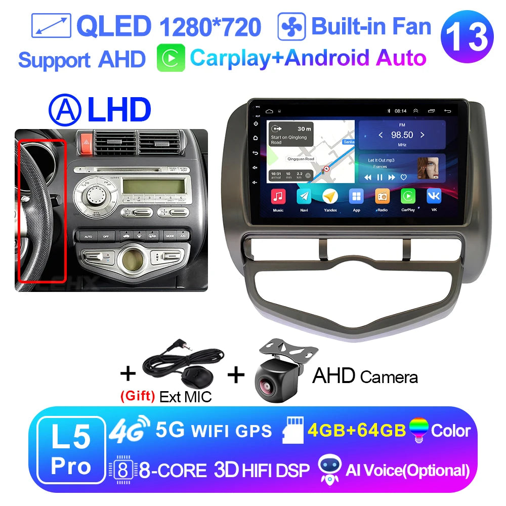 LEHX L6 Pro QLED 4G 2 Din Android 14 auto Car Radio Multimedia For Honda LHD JAZZ City 2002-2007 GPS Carplay  Stereo Head Unit