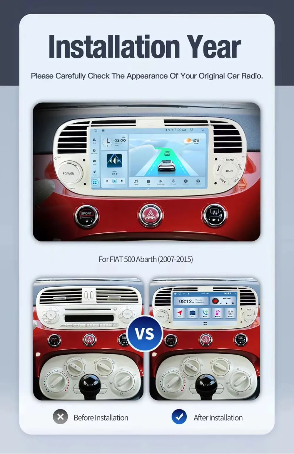 7'' Android 13 Car Radio Stereo For Fiat 500 2007-2015 Multimedia Player Wireless Carplay& Auto BT GPS Navigation Head Unit