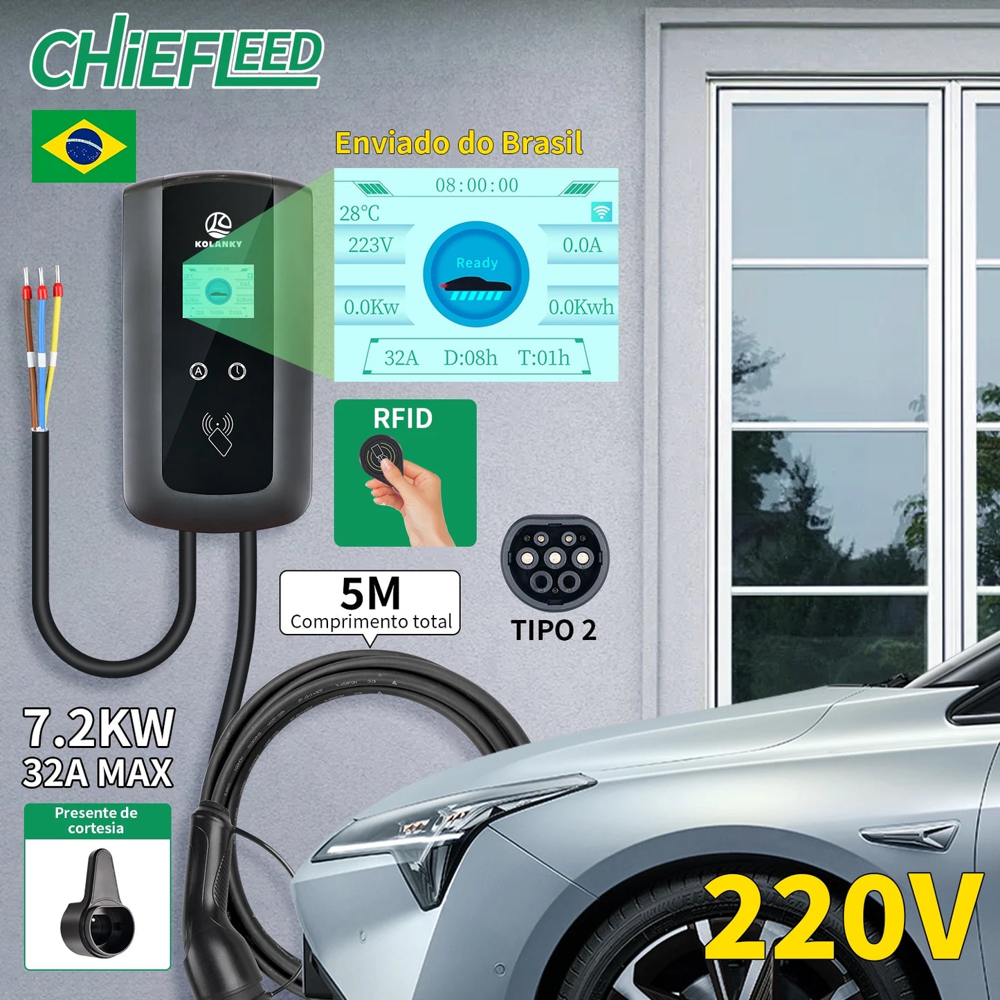 Chiefleed 220V/380V 22/11/7.2KW 32A 3/1P EV Charger Wallbox IEC 62196 Type 2 Plug Charging For Electric Vehicle Cable 5M